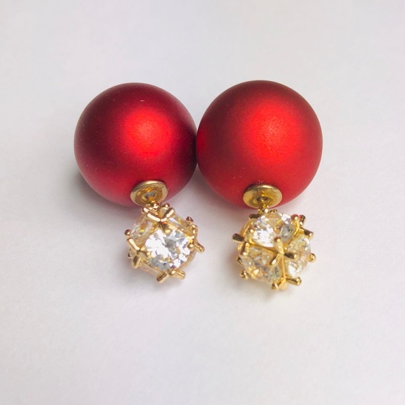 New! Cubic Zirconia Double Sided Stud Earrings Red - Picture 3 of 7